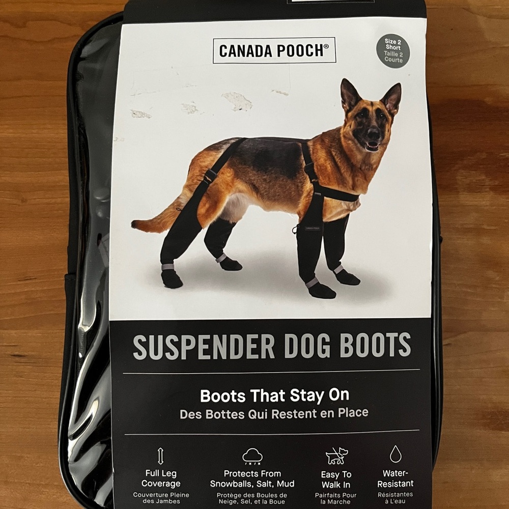 canada pooch suspender boots + winter snow suit